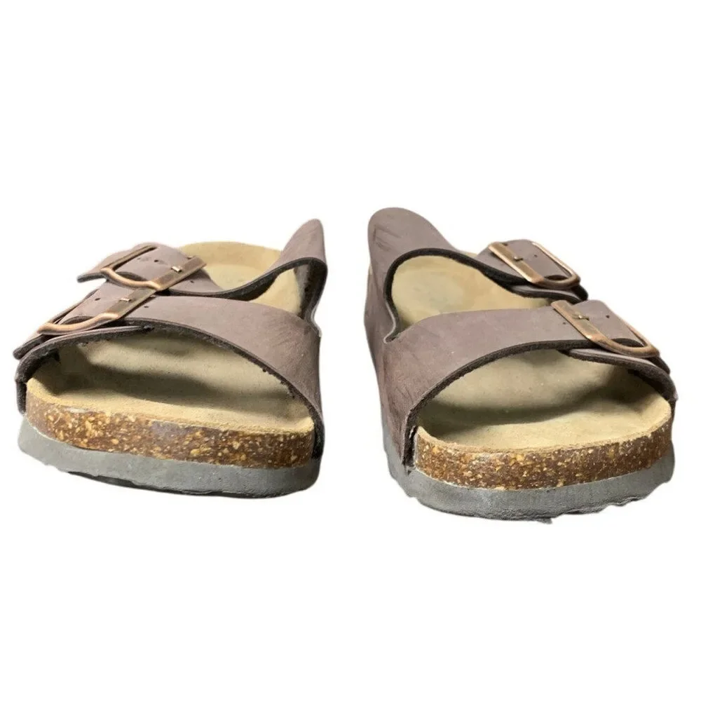 Odoly Mens Size 6.5 Womens 8.5 Brown Faux Leather Slide On Cork Sandal Shoes